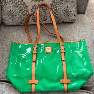 Dooney & Bourke Glossy Green Tote with Tan Straps